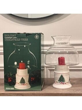 Himark Christmas Holly Hurricane Lamp Candle Tea Light Holder Ceramic Base Japan